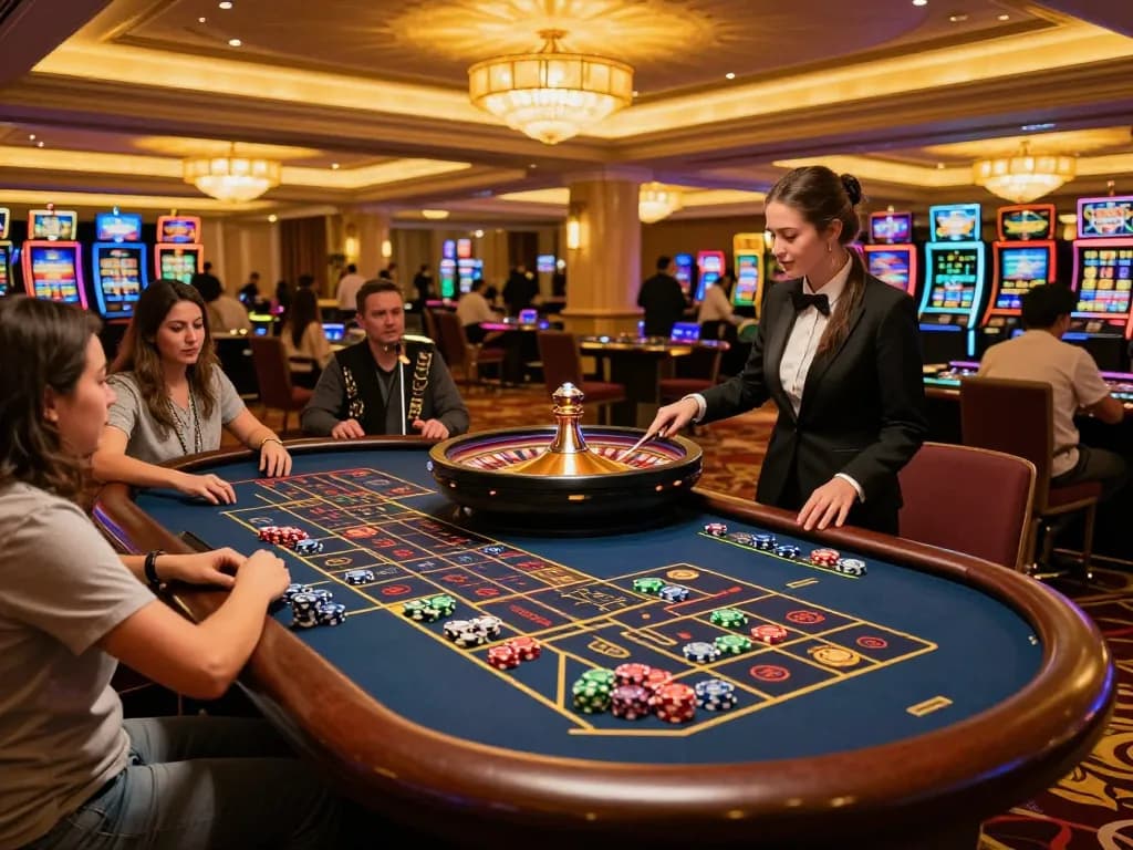 Experience the excitement at sunwin's vibrant casino with players at the roulette table.