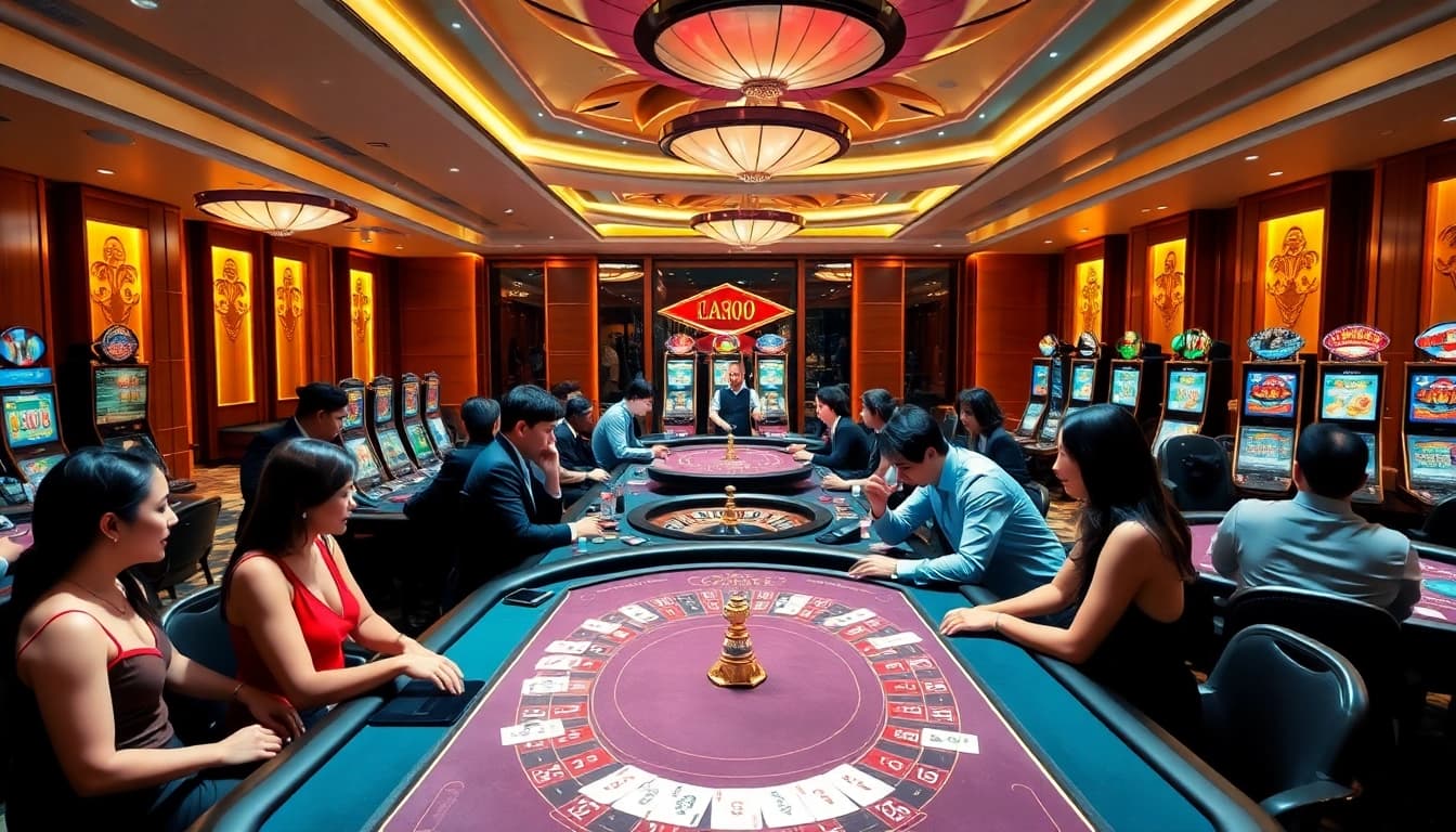 Exciting gameplay at nhà cái jun88 with diverse players engaging at luxury casino tables.