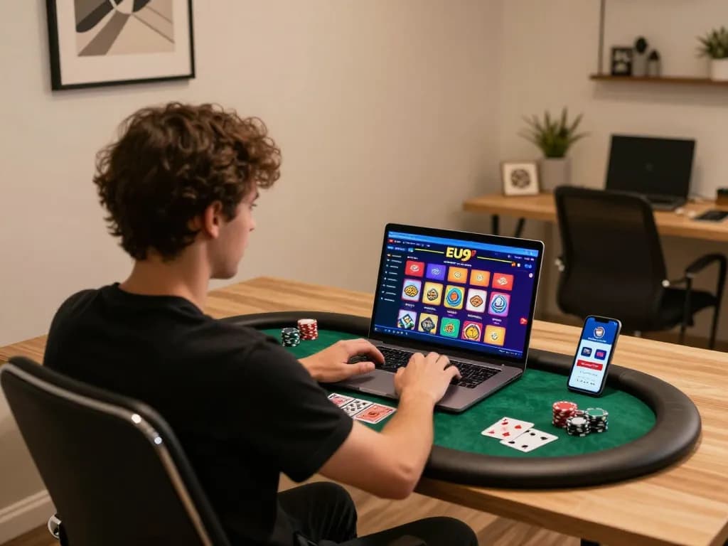 Player engaging with EU9 online casino on laptop amid poker chips and cards.