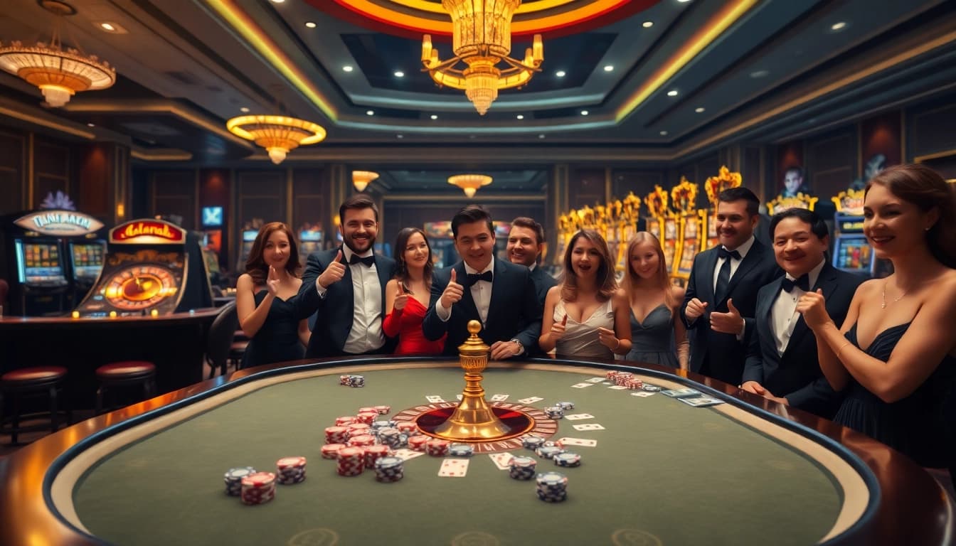 Tr88 gaming table featuring poker chips and cards in an elegant casino setting.