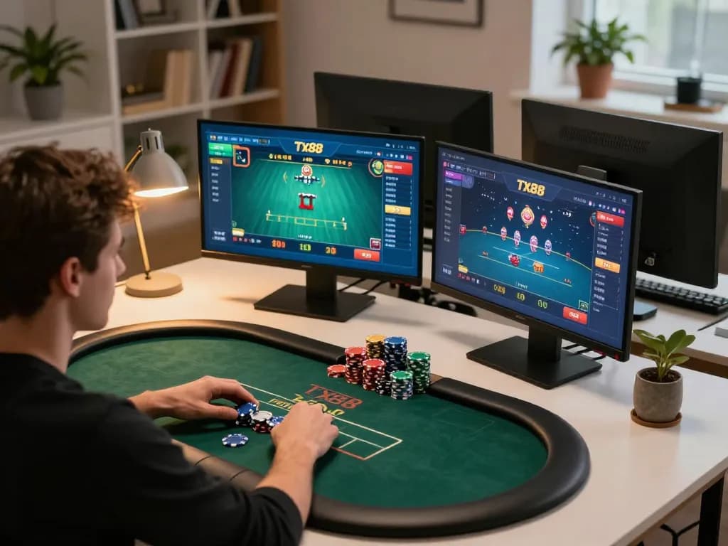 Player strategizing on Tx88 poker app during an intense home gaming session