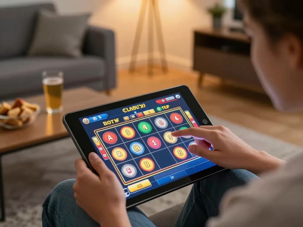 Experience v788 bet with colorful slots displayed on a tablet in a cozy living room setting.