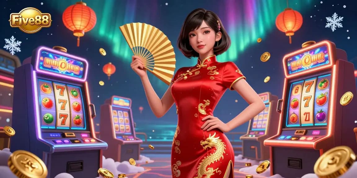 Experience the vibrant energy of Five88 with a stunning 3D illustration showcasing casino games, coins, and stunning visuals.