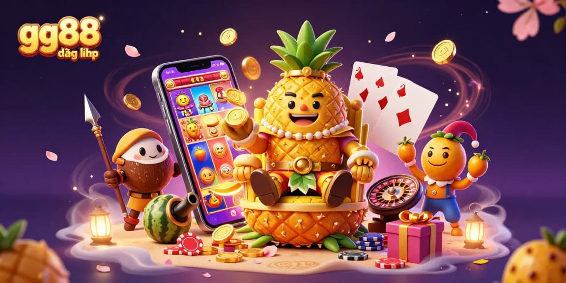Engage with the exciting world of gg88 đăng nhập where a golden pineapple king presides over a vibrant casino scene.
