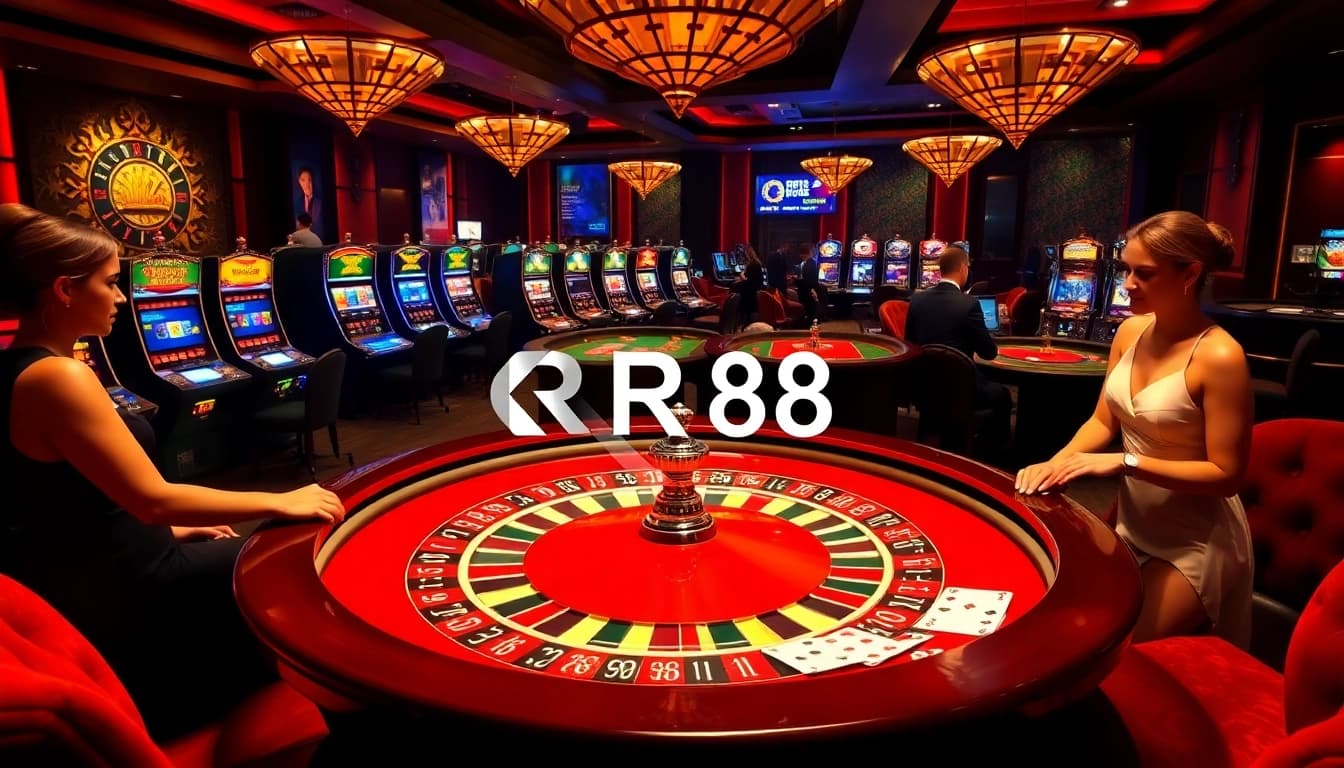Players excitedly betting at the RR88 luxurious casino scene with roulette and slot machines.
