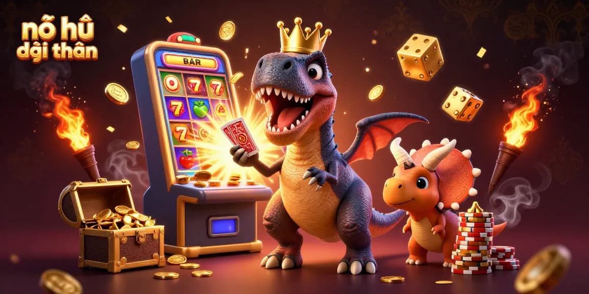 Experience the excitement of nổ hũ đổi thưởng as a T-Rex shuffles cards and golden chips fly around in this vibrant casino scene.