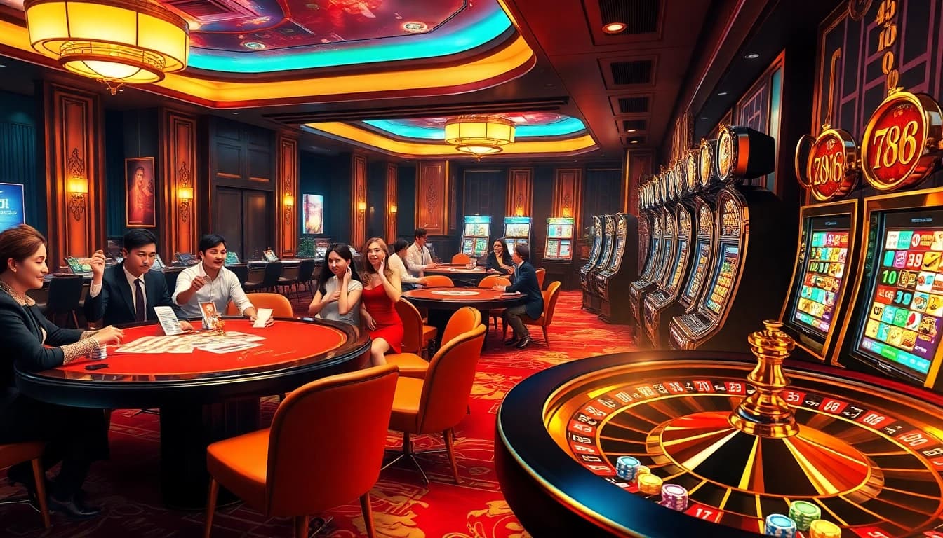 Engaging scene of online gambling at Nhà Cái QQ88 featuring tables, dice, and slot machines.