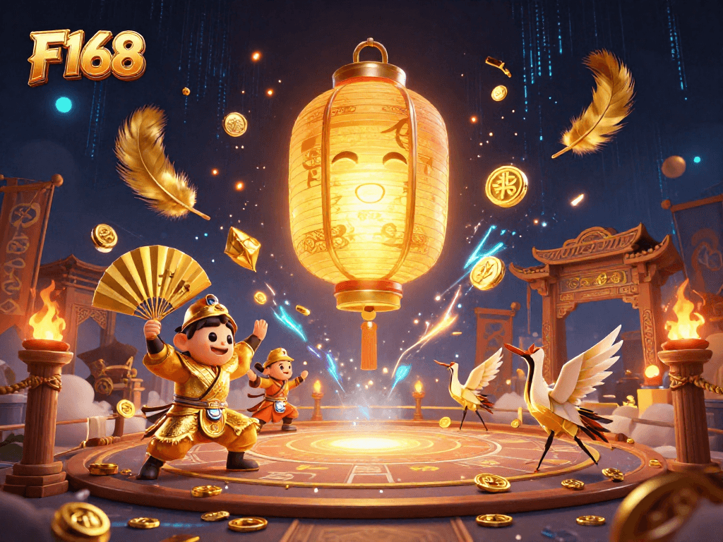 Experience thrilling gaming at F168 with a dynamic casino scene featuring mythical characters and golden elements.
