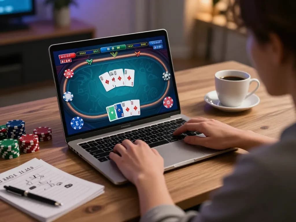 Player engaging in a thrilling poker game on uu88 com from a cozy home setting with drinks and strategy notes nearby.