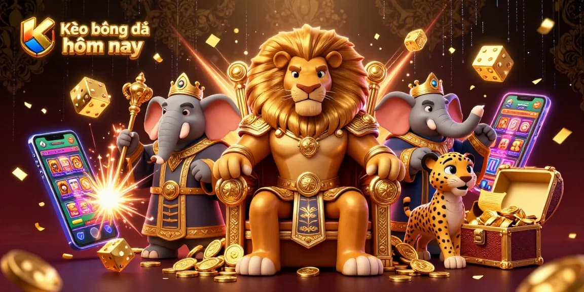 Kèo bóng đá hôm nay showcasing a fierce lion king in royal armor with immersive sports betting elements