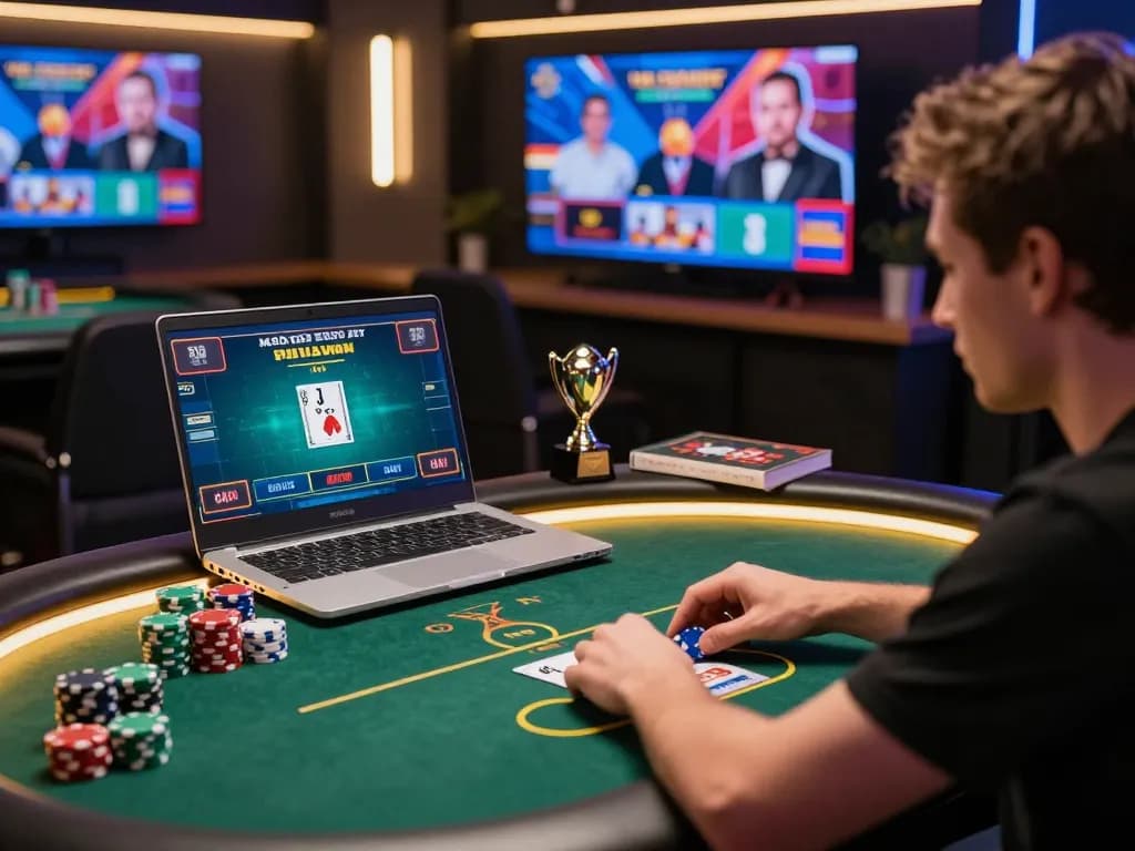 Engaging online poker game at home with dola789 logo displayed on the gaming screen and focused player preparing bets.