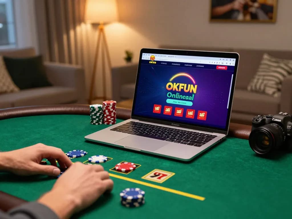 Engaging with OKFUN com live dealer blackjack game, showcasing a player's strategic betting approach in a cozy home setting.