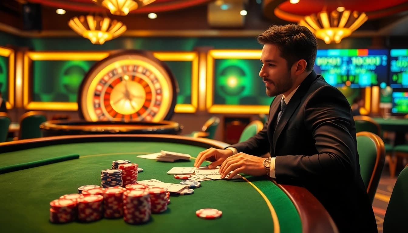 Experience the thrill of gaming at i9bet with vibrant casino scenes featuring poker tables and roulette.