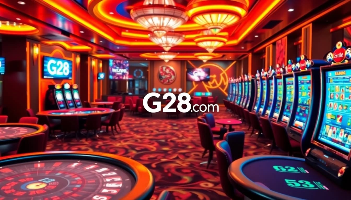 Excited players enjoying G28 com gaming experience with vibrant casino elements.