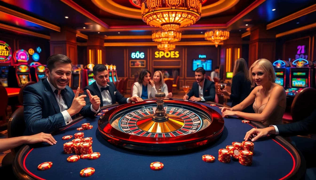 Cakhiatv players strategizing at a luxurious casino poker table with vibrant atmosphere.