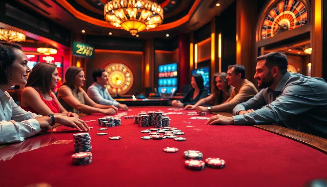 Players enjoy an exciting poker game at bl555.casino, surrounded by vibrant casino designs and rich atmospheres.