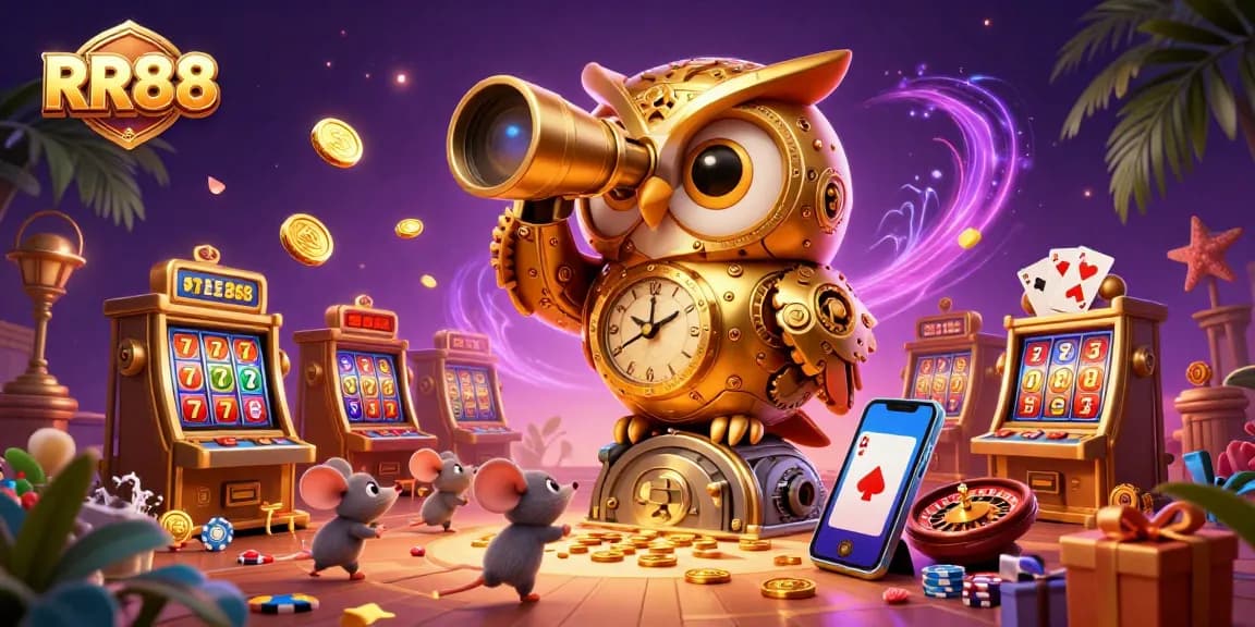 Experience RR88 with a vibrant 3D illustration showcasing a golden owl and engaging game elements for immersive fun.