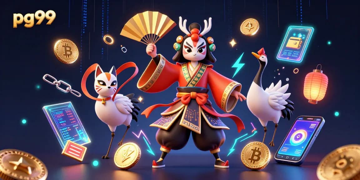 Engage in thrilling wins with pg99, featuring vibrant 3D characters amidst glowing crypto elements.