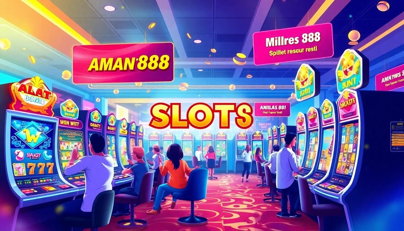Exciting scene showcasing players at AMAN788 slot resmi machines with vibrant jackpots and bonuses.