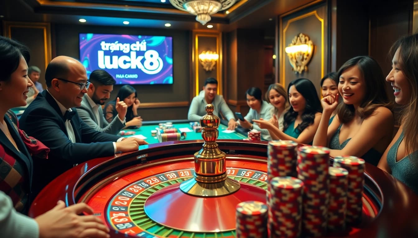Experience the thrill of gambling at trang chủ luck8 with energetic players at a roulette table.