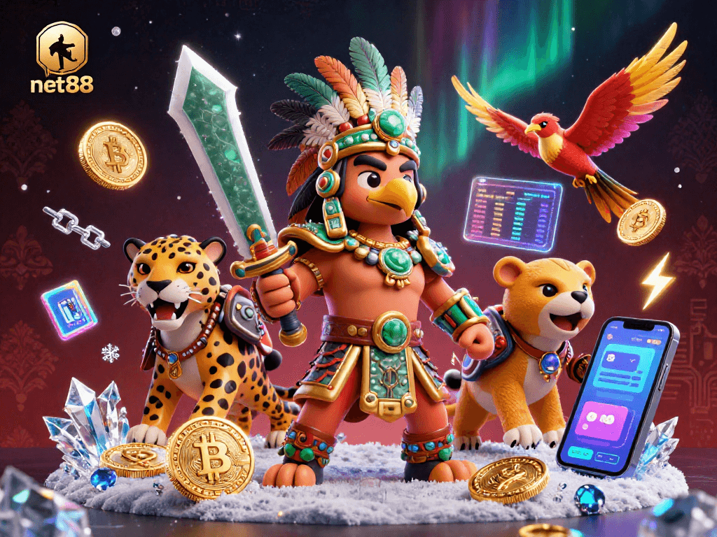 Experience thrilling action with net88's cartoon Aztec warriors amidst Bitcoin and Ethereum treasures.