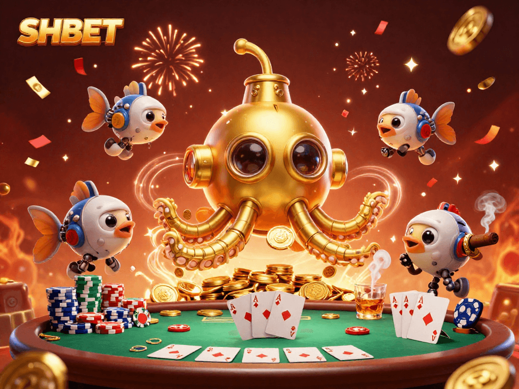 Engage in thrilling SHBET experiences surrounded by golden coins and vibrant poker elements.