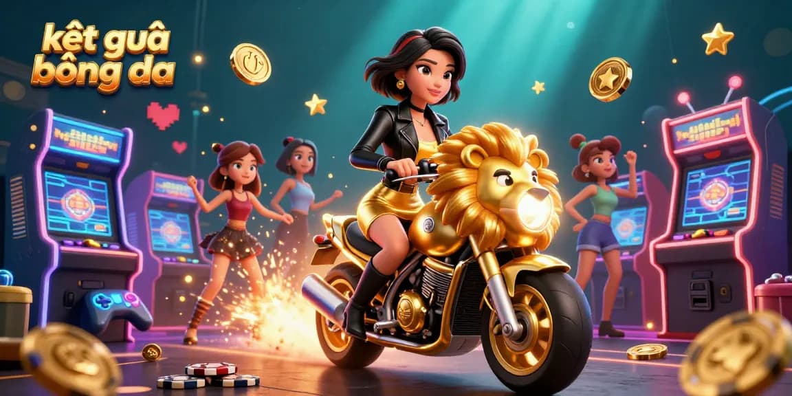 Experience the thrill of kết quả bóng đá with a captivating 3D illustration of a glamorous woman riding a golden lion mascot.