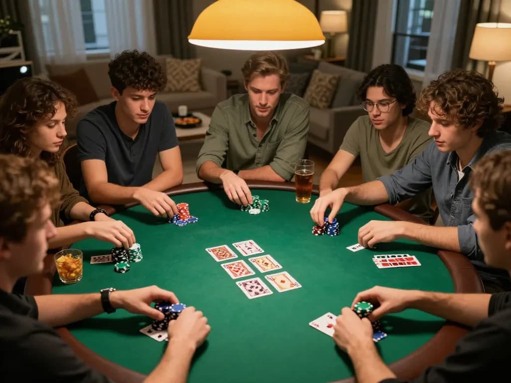 This scene illustrates friends enjoying a poker game at home, emphasizing social bonding and strategy with 58wiin integration.