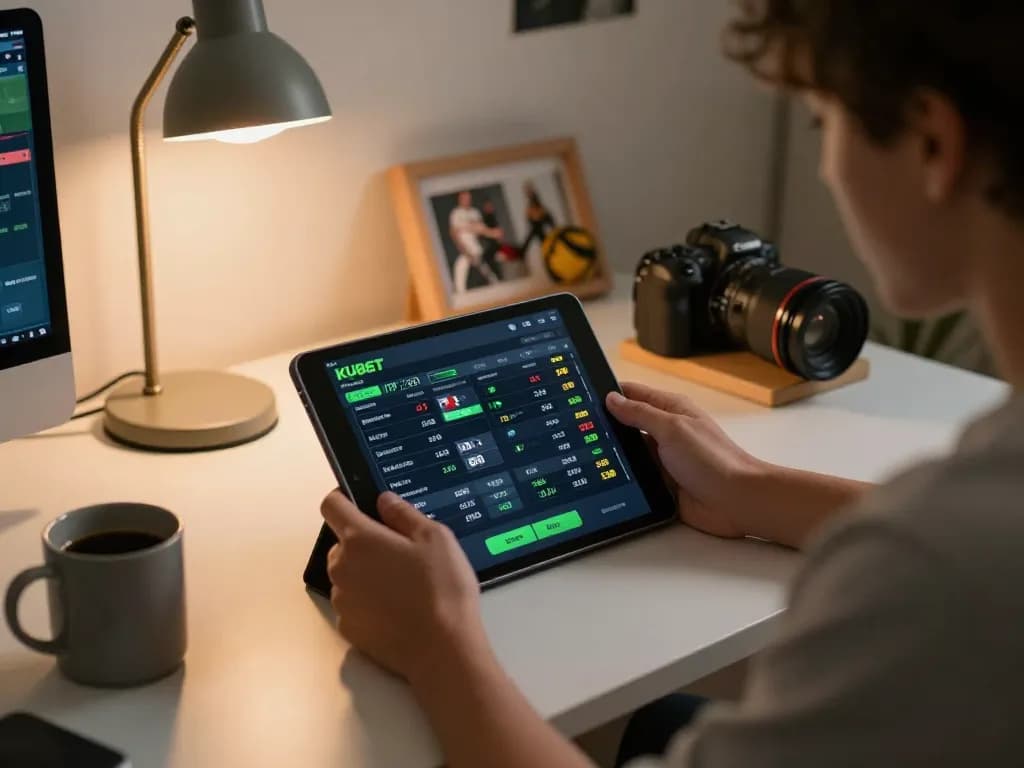 KUBET user engaging in strategic sports betting with tablet at modern home setup.
