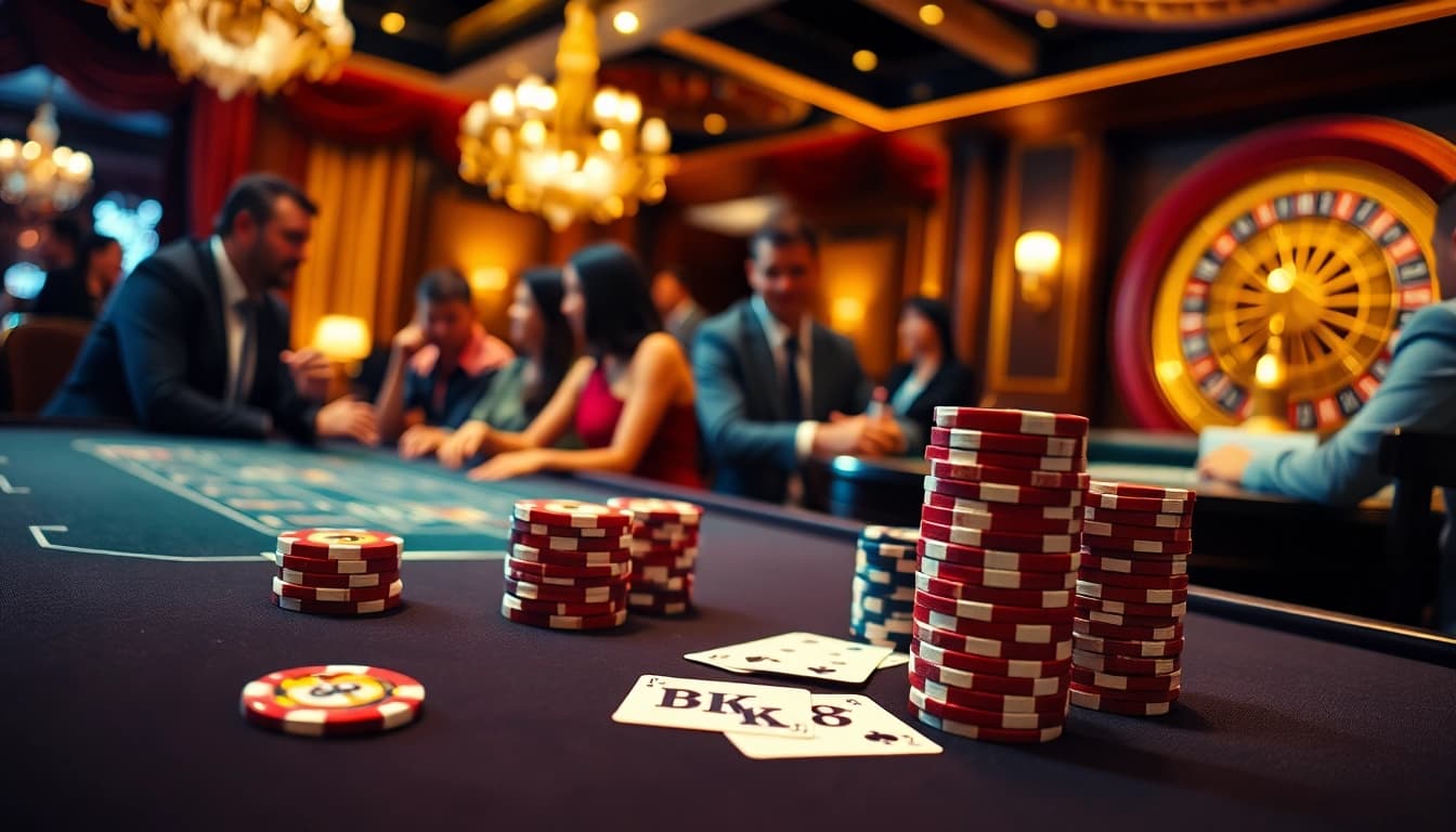 Experience the excitement of bk8 with a luxury poker table filled with vibrant chips and cards.