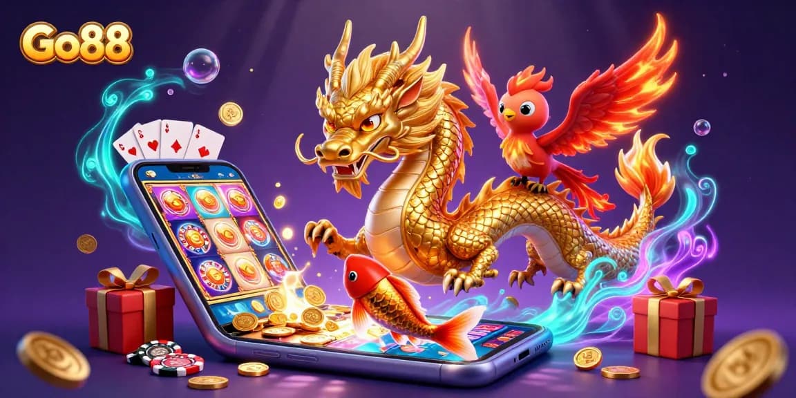 Experience the excitement of Go88 with a dynamic scene featuring a golden dragon, phoenix, and koi, amidst vibrant casino elements.