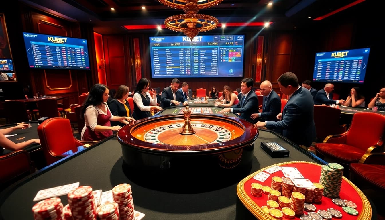 Engaged players experiencing kubet thabet thrills at a luxury casino setting.