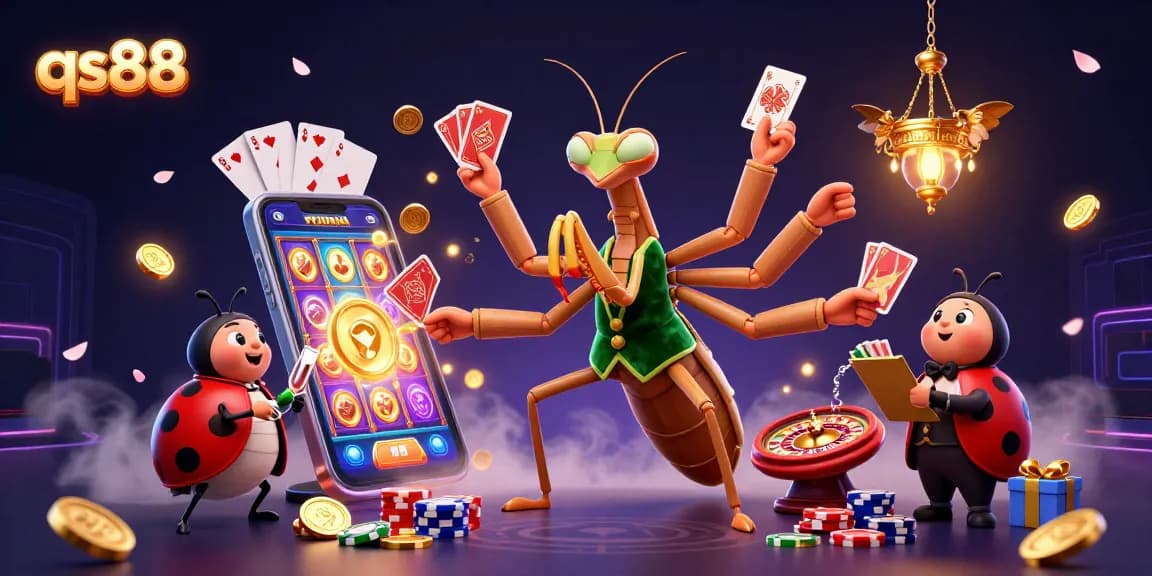 Experience the excitement at qs88 with a giant praying mantis card sharp and vibrant gaming elements in a lively casino scene.