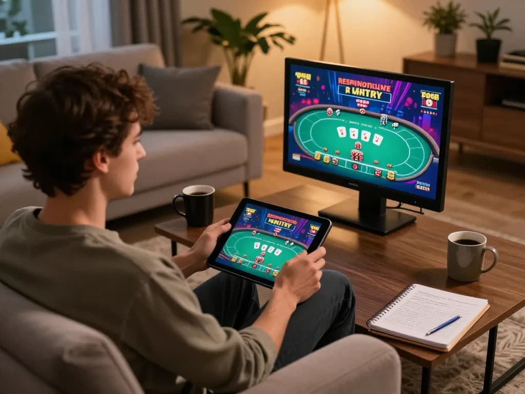 Engaging with nhà cái online uy tín on a tablet in a cozy home gaming setup with notes.