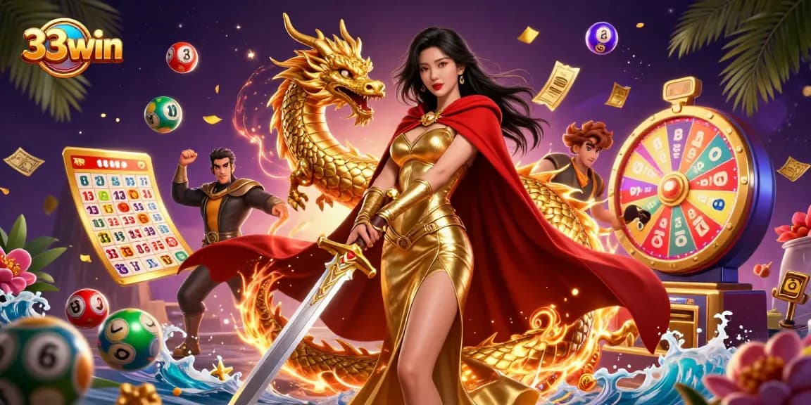 Experience the excitement with 33win as colorful lottery balls and golden prizes soar around a regal warrior queen.