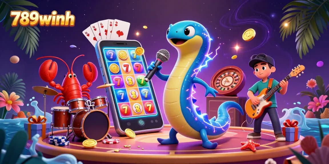 Celebrate winnings at 789winh with an energetic underwater casino scene featuring an electric eel DJ and treasure-filled excitement.