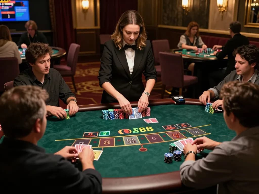 Players engaging in a thrilling blackjack game at QQ88 with a live dealer and elegant casino ambiance