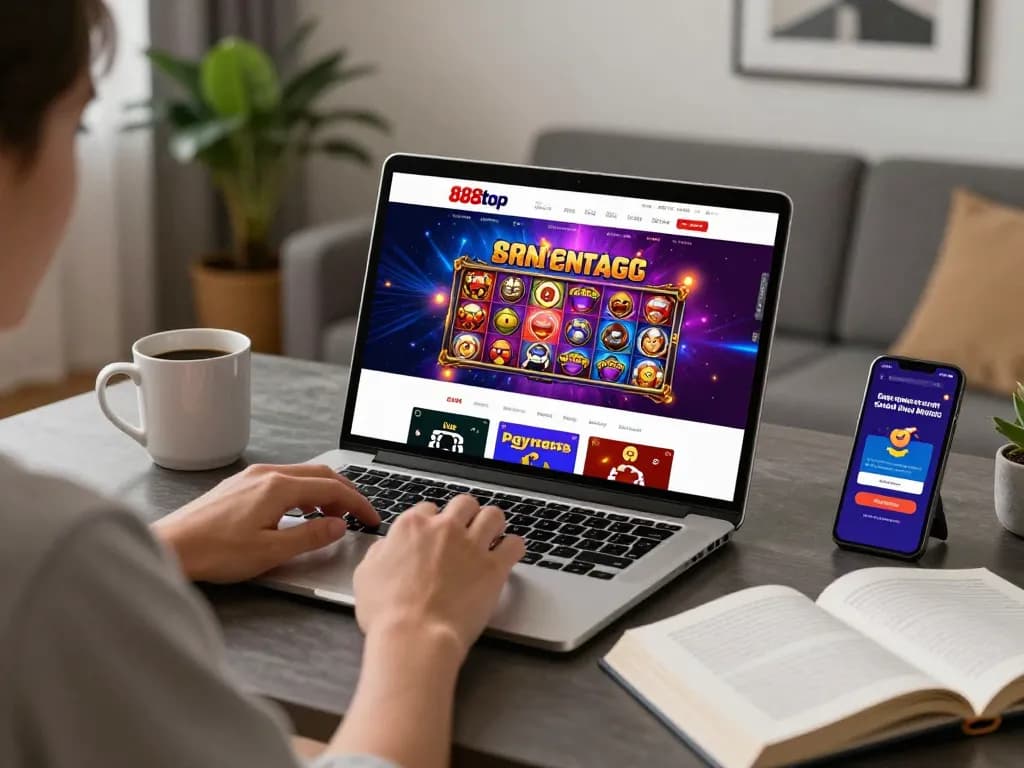 Engaging user exploring 888top homepage while enjoying a home gaming experience
