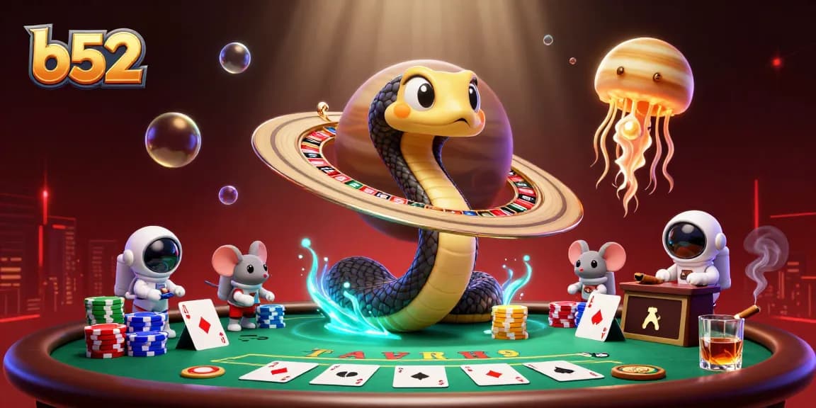 Join the cosmic excitement of b52 gaming with unique roulette and poker elements in a vibrant scene.