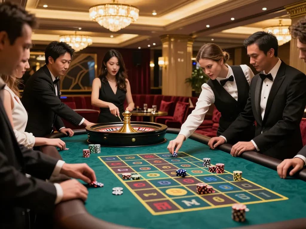 Players placing bets at a roulette table in the luxurious hytw3339 casino experience.
