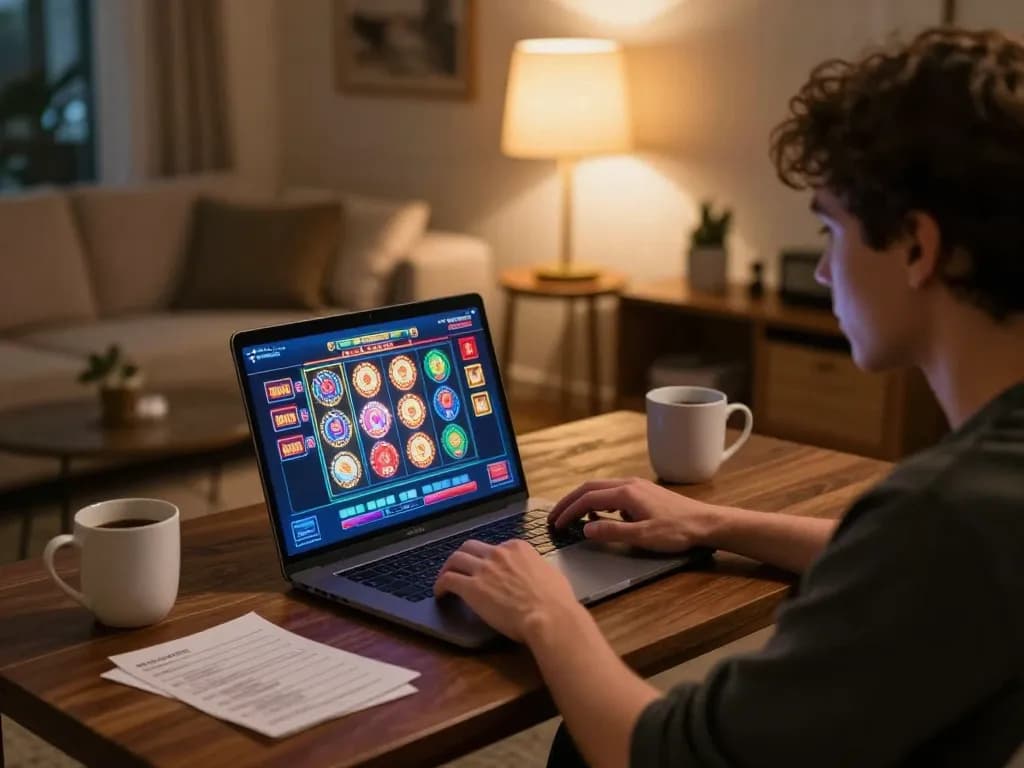 Engaged player using laptop for online slots at 789Club in a cozy home setting