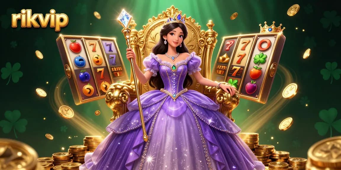Engage with rikvip's exciting jackpot experience featuring dynamic slot reels, vibrant symbols, and royal elements.