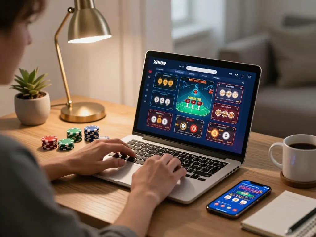 Engaged player exploring Xin88 casino options on laptop in a comfortable home gaming setup.