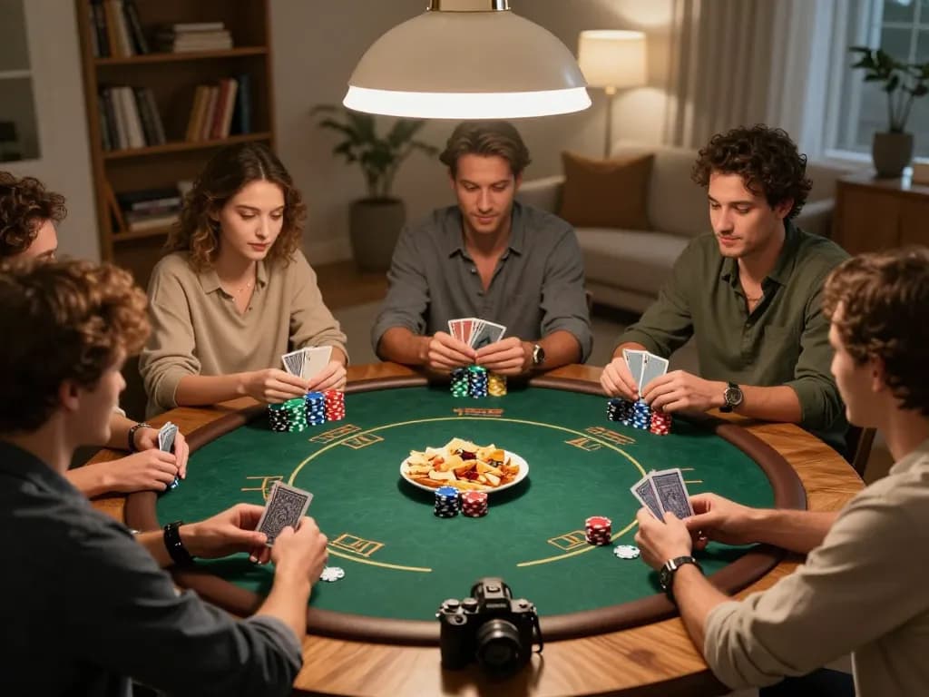 Friends engaging in a poker game at home, showcasing strategic gameplay with alo8's dynamic atmosphere.