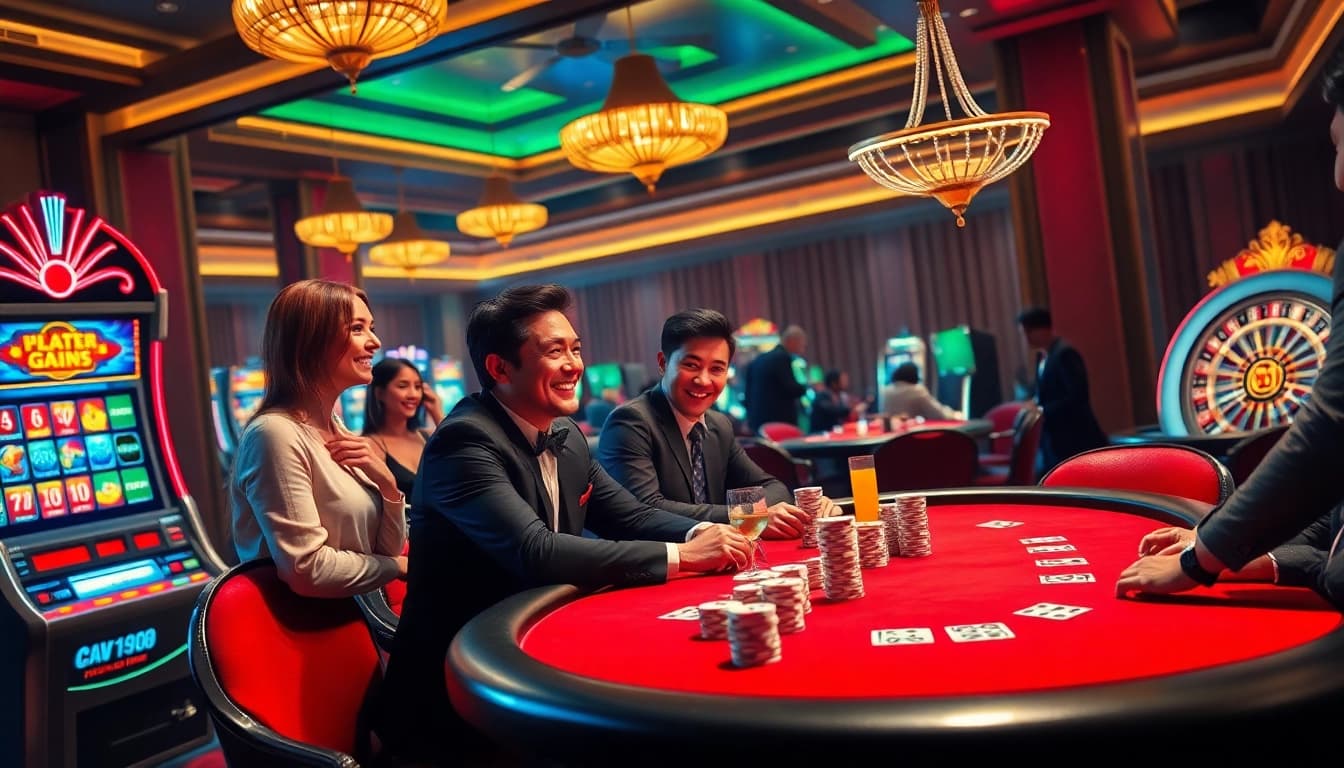 Players enjoying vibrant casino games at https://bem88.com, including poker and slot machines.