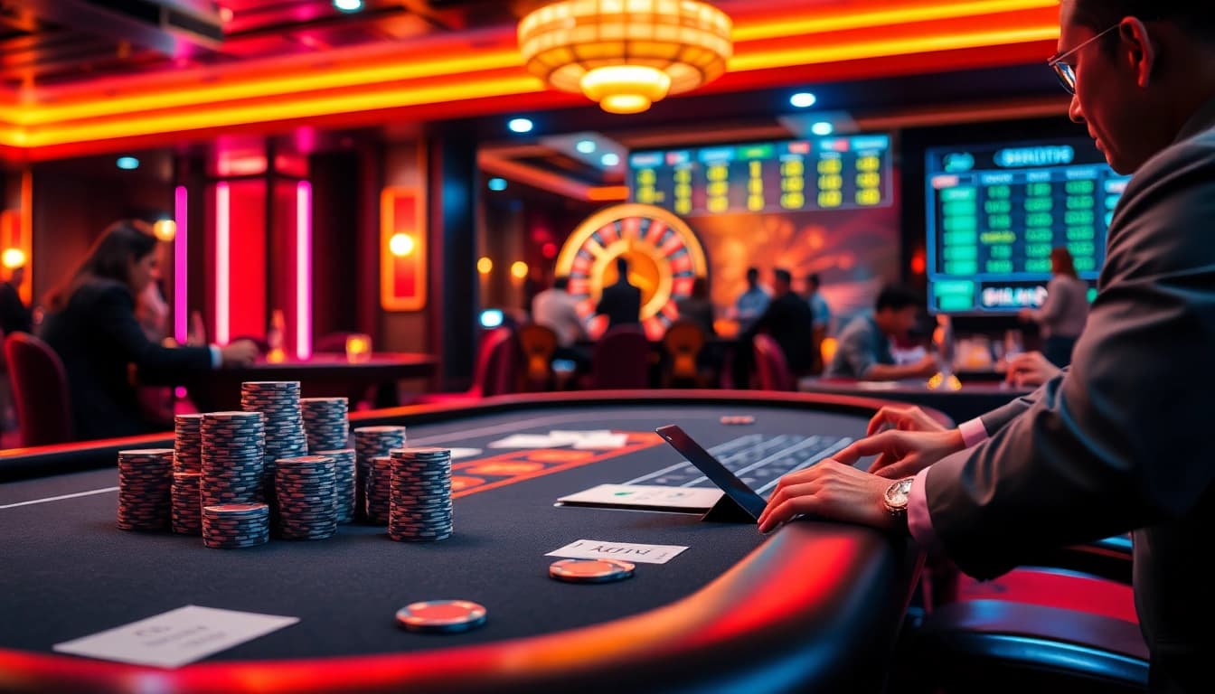 Action-packed casino scene showcasing players at the poker table, enhancing excitement for https://urr88.com/.