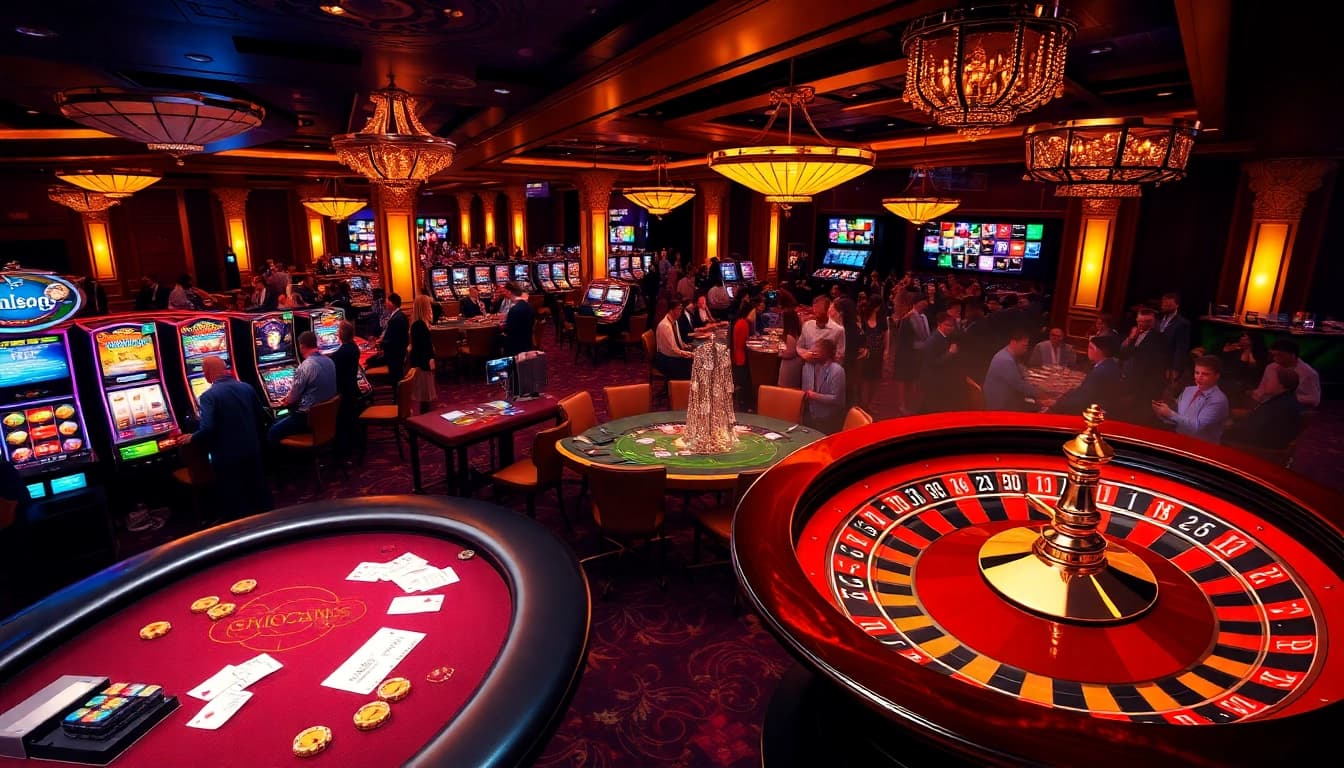 Excitement at nhà cái qq88 with players at a poker table, vibrant slot machines, and roulette wheel.