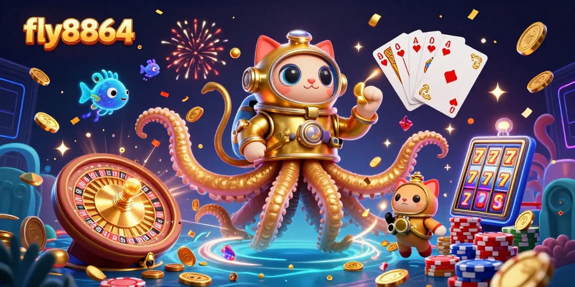 Experience thrilling games and rewards at fly8864, showcasing a dynamic 3D casino scene.