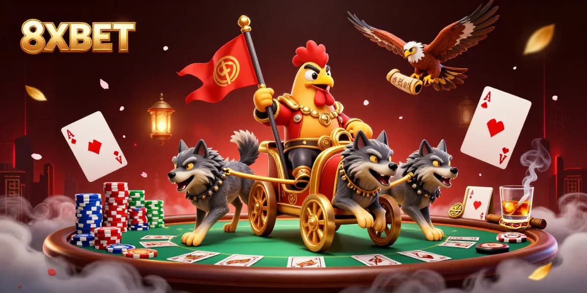 Engage with the thrilling world of 8XBET, featuring an exciting 3D casino scene with vibrant poker action.