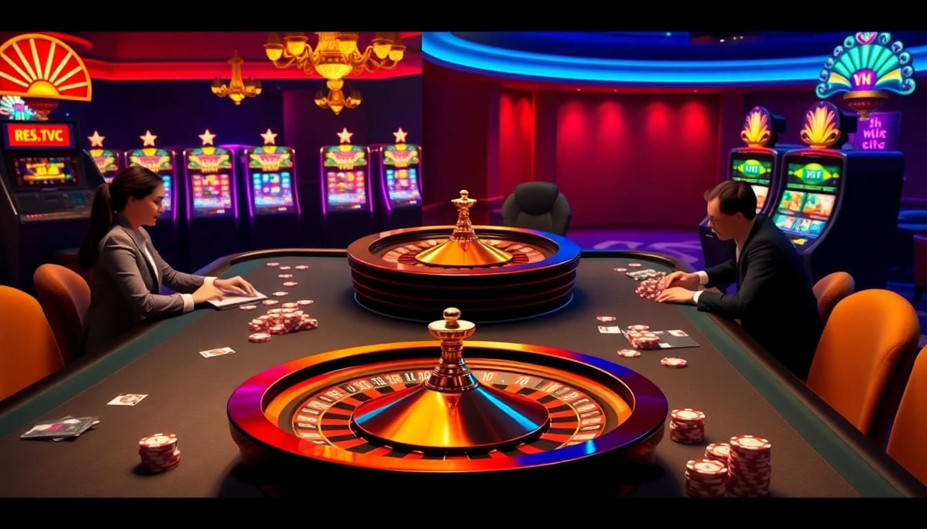 Experience the thrill of gambling at f168biz.com with vibrant casino scenes showcasing poker tables and slot machines.